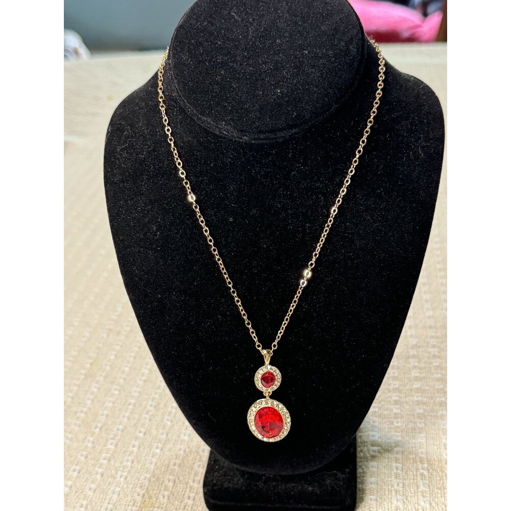 Monet Red Gemstone Pendant Necklace With Gold Chain & Adjustable Clasp